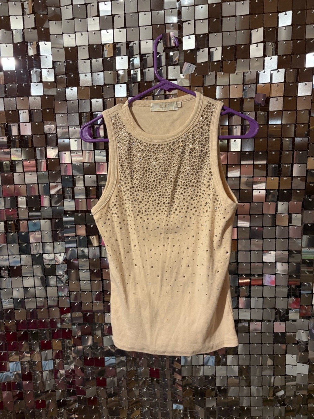 Embellished Cream Sleeveless Tank Top